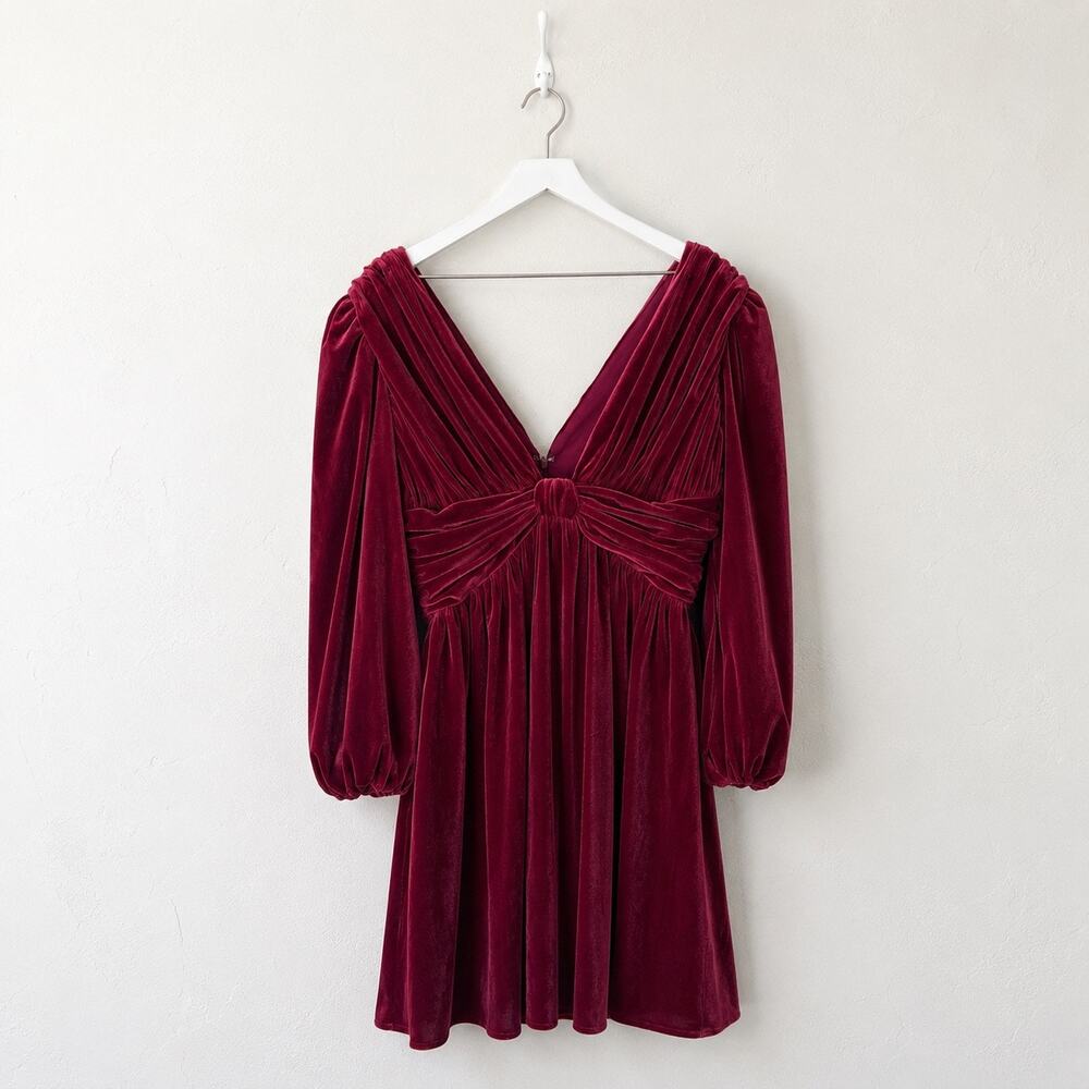 Gianni Bini Mariah Velvet Dress Jam Burgundy V Neck Puff Sleeve Size 12 NWT